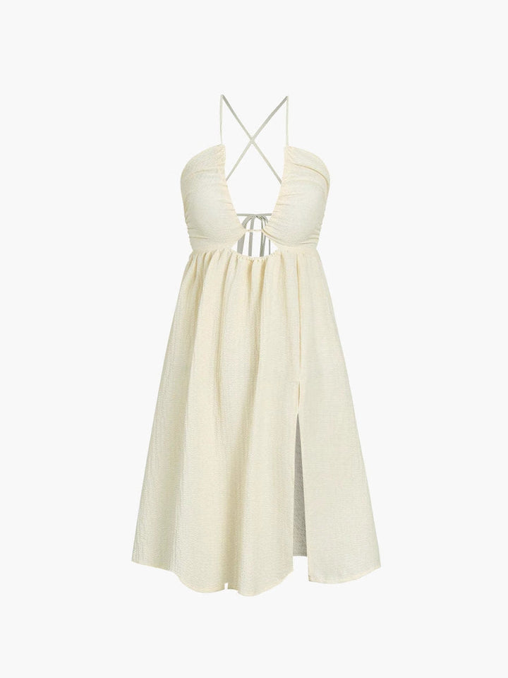 Women’s Maxi Dress - Halter Neck - Ruched Bodice - Front Cutout - High Slit - Flowy Fit