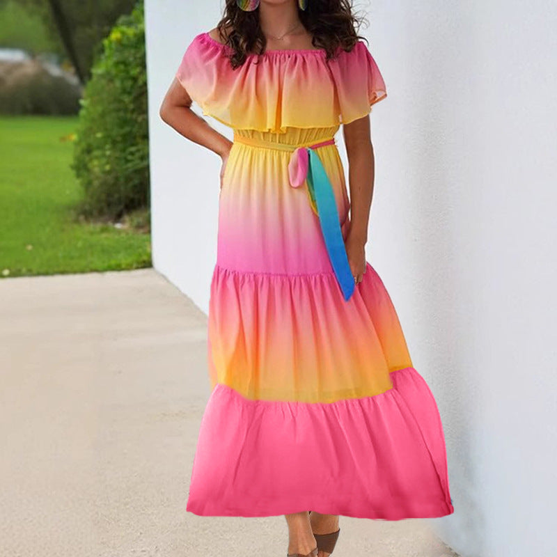 Women’s Dress – Off-Shoulder Ruffled Neckline – Cinched Waist – Breathable Blend