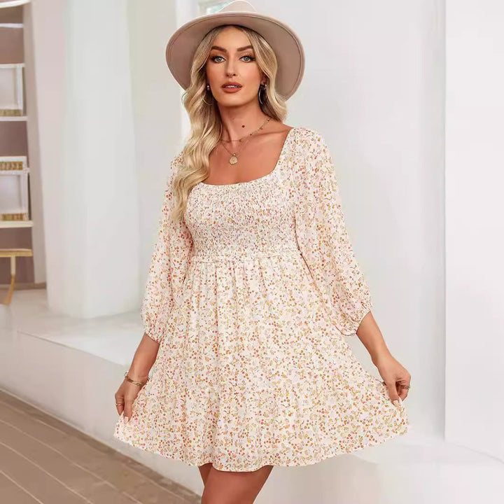 Women’s Casual Dress – Smocked Bodice – Square Neck – Long Sleeve – Lightweight Cotton