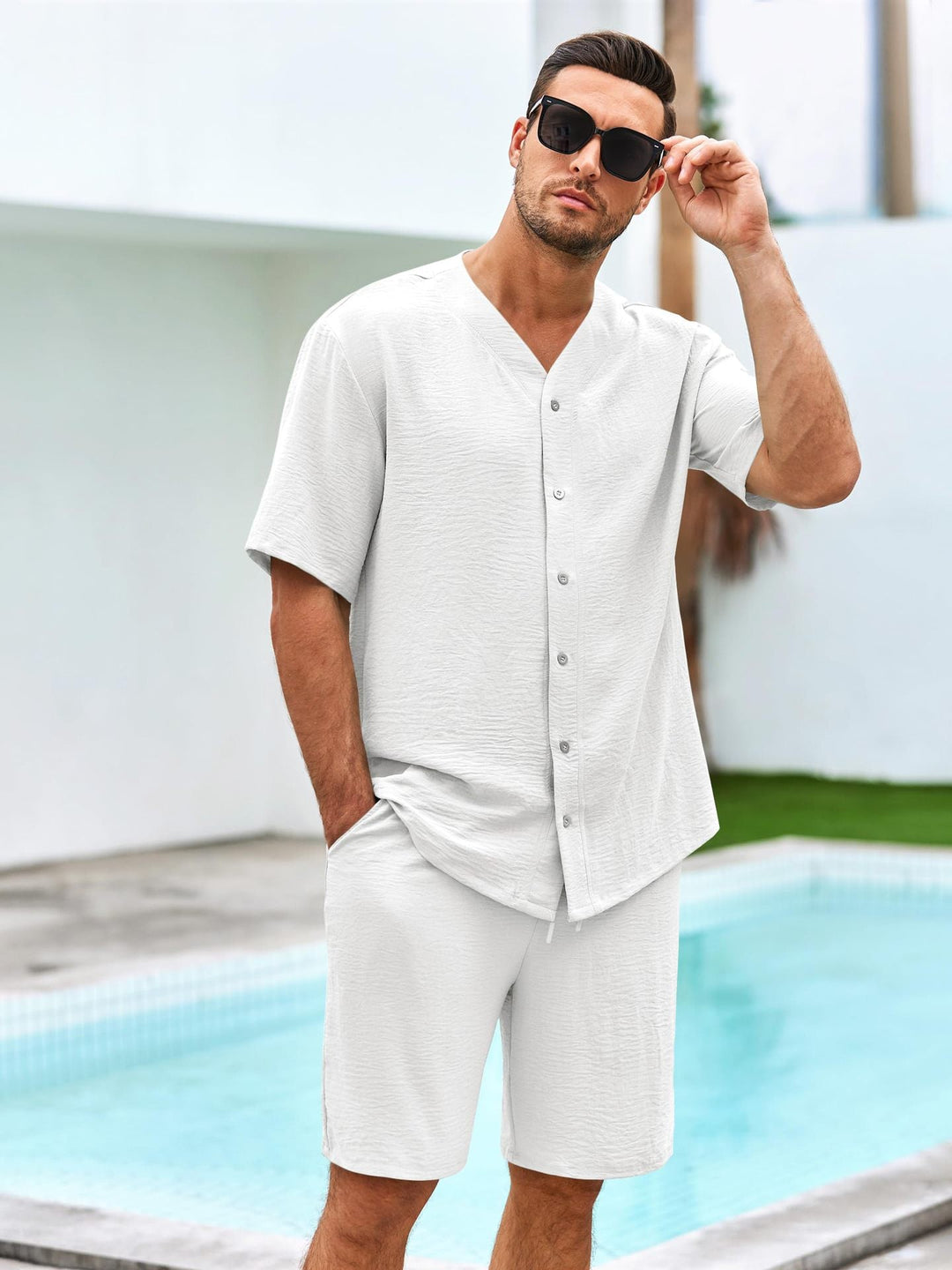 Men’s Lounge Set – Short Sleeve Button Shirt – Relaxed Fit Shorts – Breathable Cotton