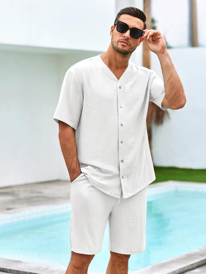 Men’s Lounge Set – Short Sleeve Button Shirt – Relaxed Fit Shorts – Breathable Cotton