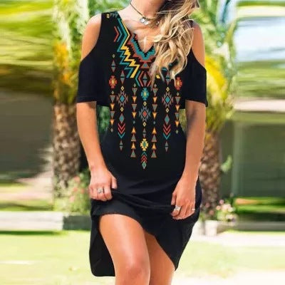 Women’s Dress - Fitted Silhouette - Cold Shoulder - Embroidered Detail - Asymmetrical Hem