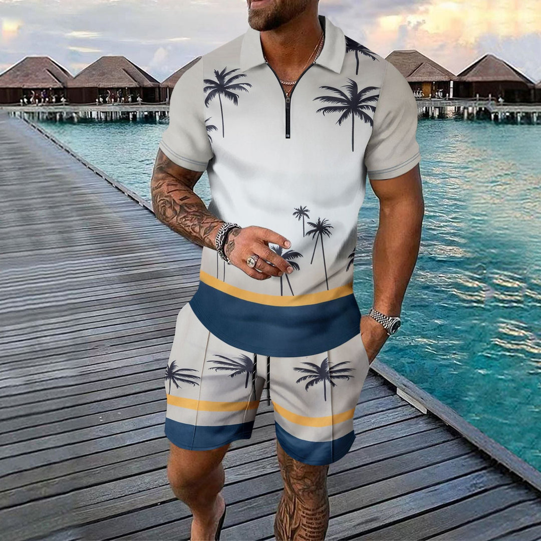 Men’s Two-Piece Set – Slim Fit – Cotton Blend – Zip Neckline – Tropical Print