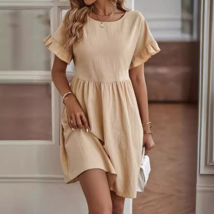 Women’s Short Dress – Lightweight Cotton Blend – Ruffle Sleeve – Round Neck – Above Knee