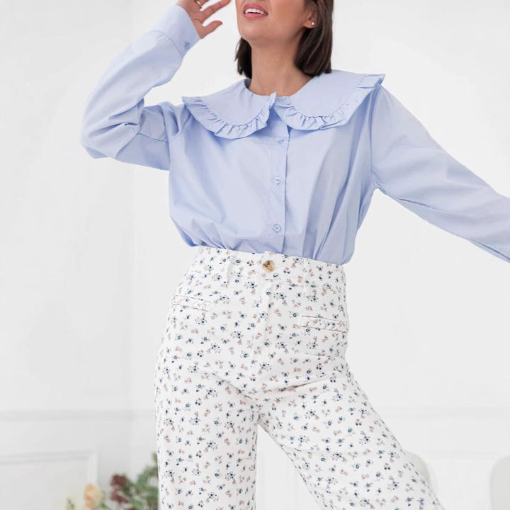 Women’s Blouse - Cotton Blend - Oversized Fit - Ruffled Collar - Long Sleeve Button Down