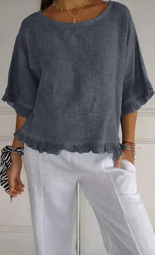 Women’s Blouse – Cotton Linen – Relaxed Fit – Ruffle Hem – Round Neck – Short Sleeve