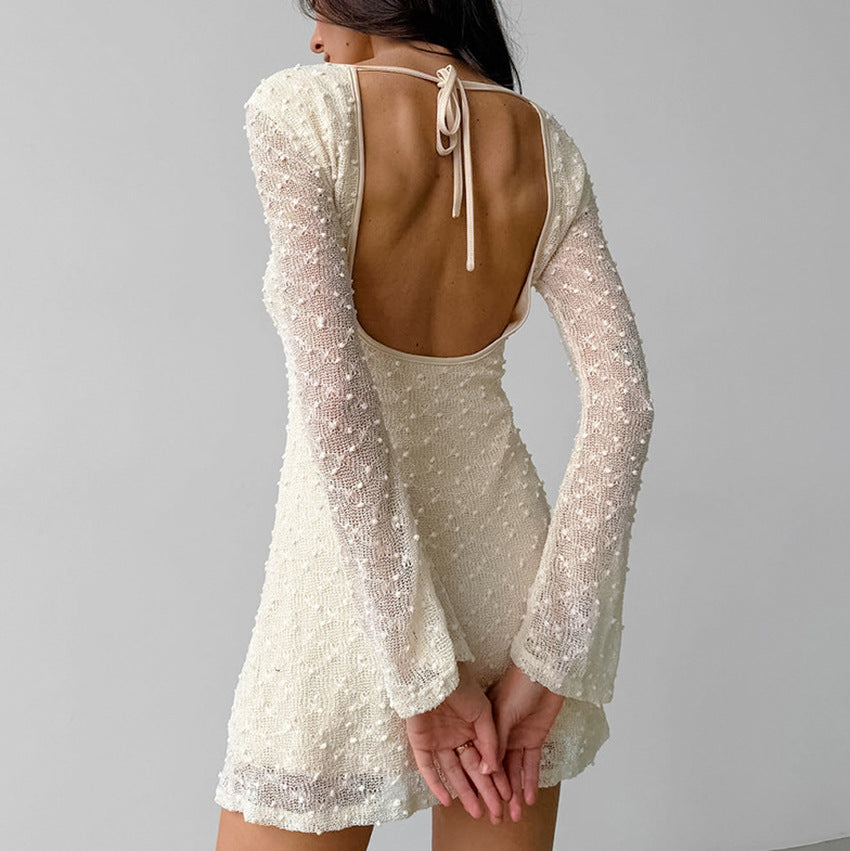 Women’s Mini Dress – Textured Fabric – Slim Fit – Round Neck – Long Sleeve Elegant Style