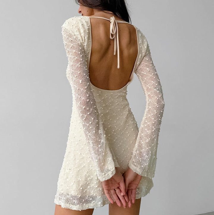 Women’s Mini Dress – Textured Fabric – Slim Fit – Round Neck – Long Sleeve Elegant Style
