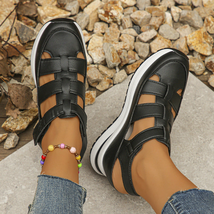 Women’s Wedge Sandals - Closed Toe - Platform Sole - Cut-Out Design - Adjustable Strap
