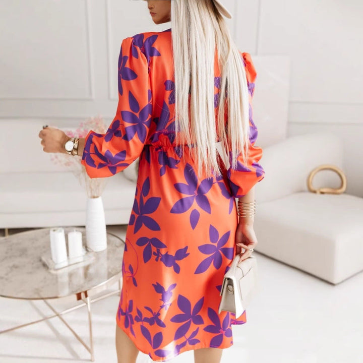 Women’s Midi Dress – V-Neck – Long Sleeve – Elastic Waist – Floral A-Line Fit