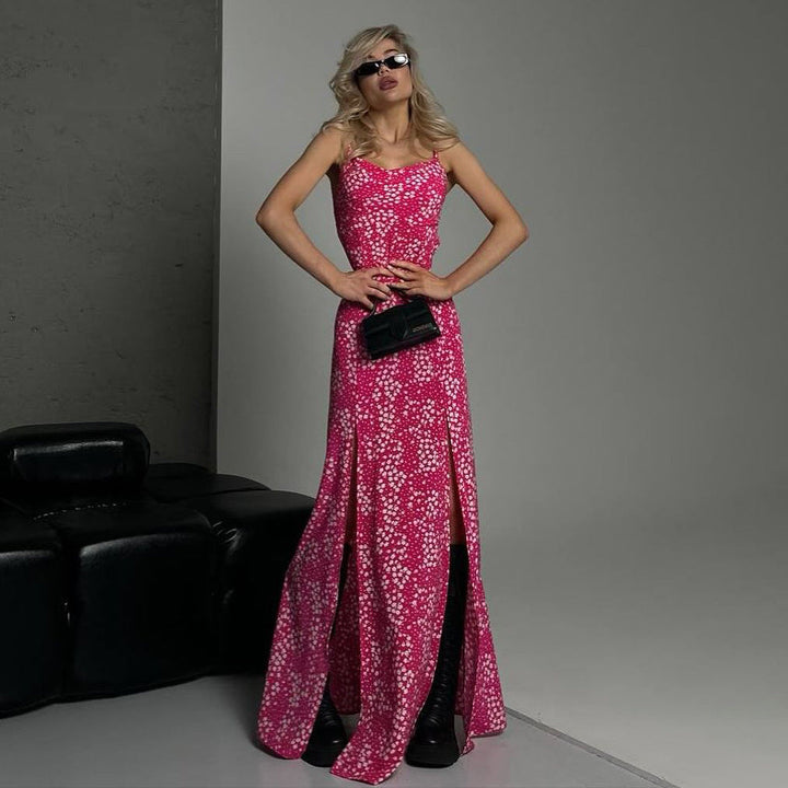 Women’s Maxi Dress – Slim Fit – Spaghetti Straps – High Slit – Floral Pattern