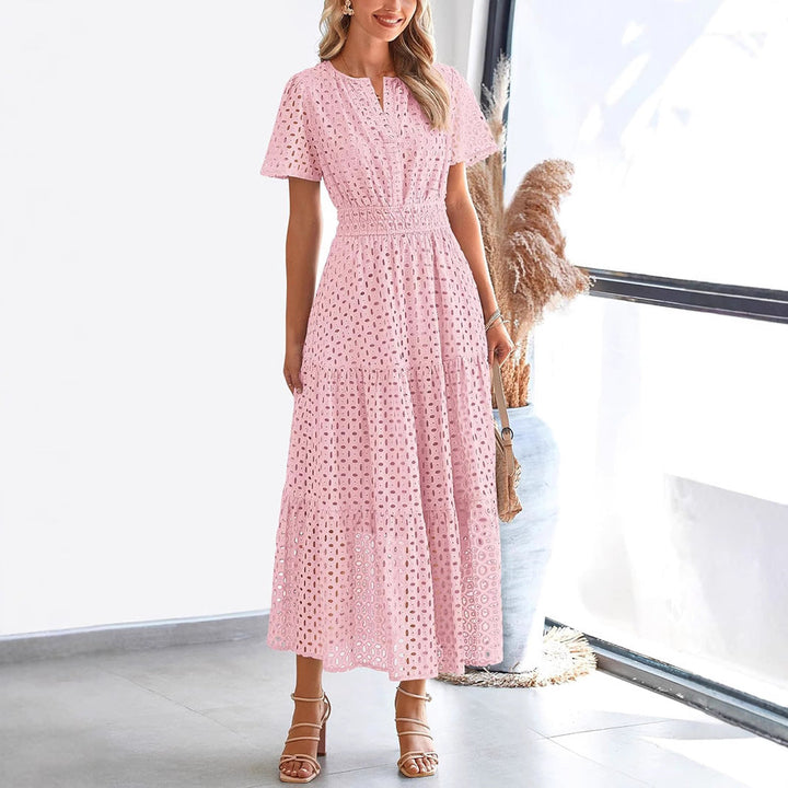 Women’s Fit and Flare Dress - Broderie Anglaise - V-Neck - Short Sleeve - Tiered Hem