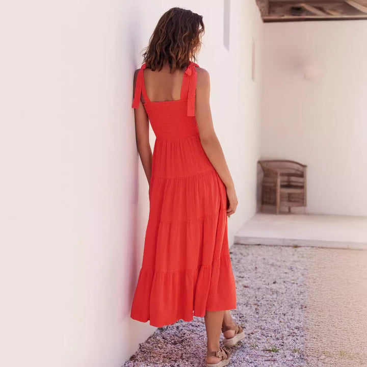 Women’s Midi Dress – Smocked Bodice – Adjustable Straps – Tiered Flowy Skirt – Breathable Fabric