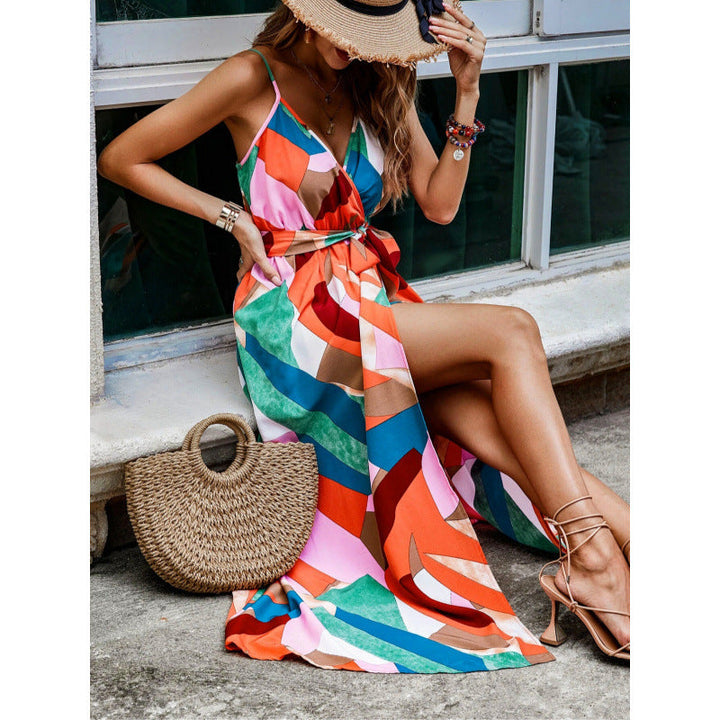 Women’s Maxi Dress – Flowing Fit – Deep V-Neck – Sleeveless – High Slit