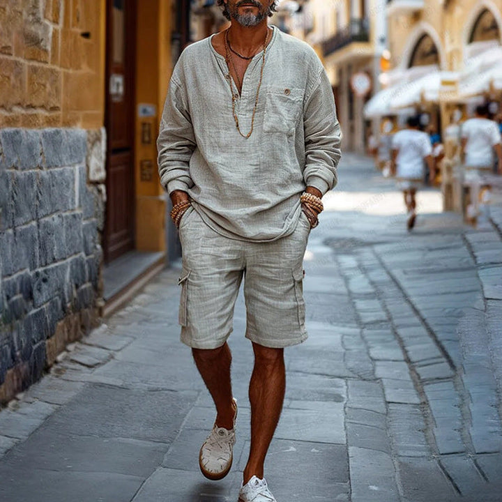Men’s Casual Set – Relaxed Fit – V-Neck Long Sleeve Top – Cargo Shorts – Linen Blend