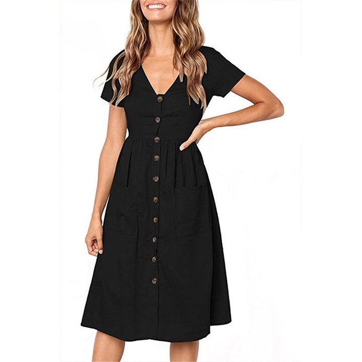 Women’s A-Line Dress – Button Front – V-Neck – Short Sleeve – Breathable Blend – Midi Length