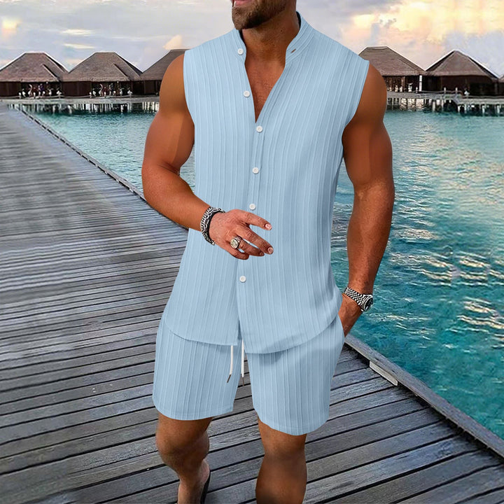Men’s Shirt and Short Set – Sleeveless – Relaxed Fit – Button-Up – Linen – Mandarin Collar