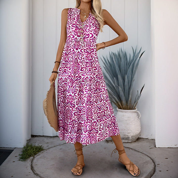 Women’s Midi Dress – Sleeveless V-Neck – Fitted Waist – Tiered Skirt – Flowy Fit