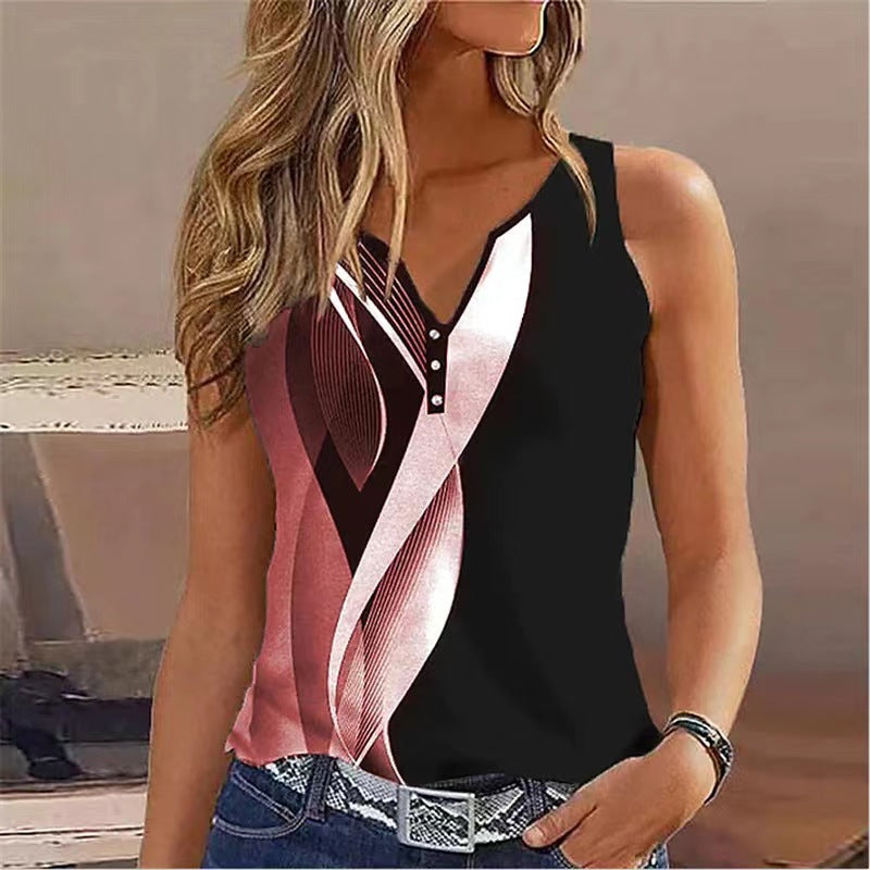 Women’s Sleeveless Top – Relaxed Fit – V-Neck – Decorative Buttons – Breathable Blend