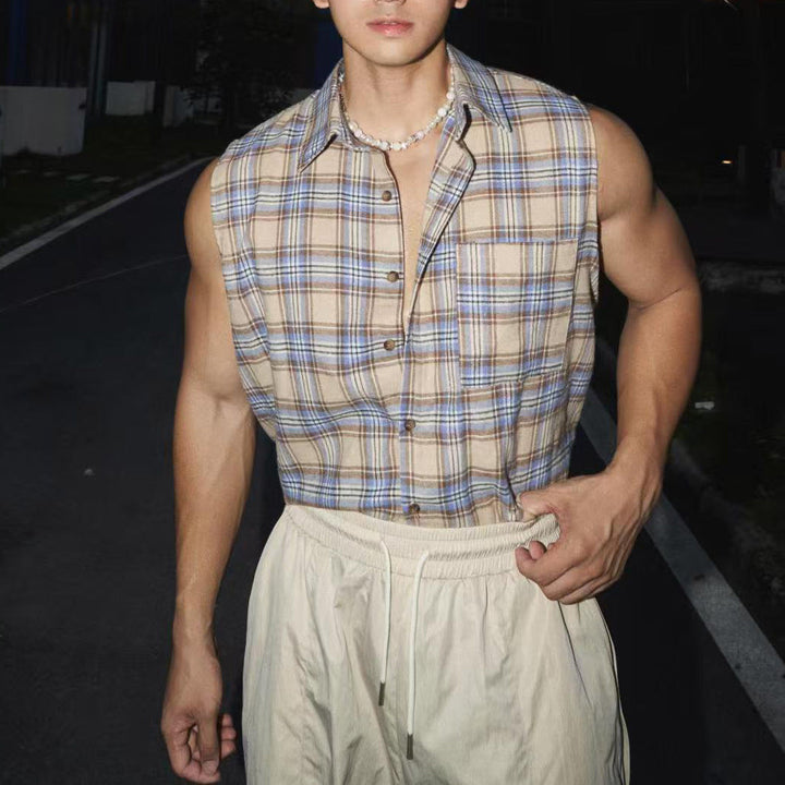 Men’s Sleeveless Shirt - Loose Fit - Button-Down - Lightweight Cotton - Casual Plaid