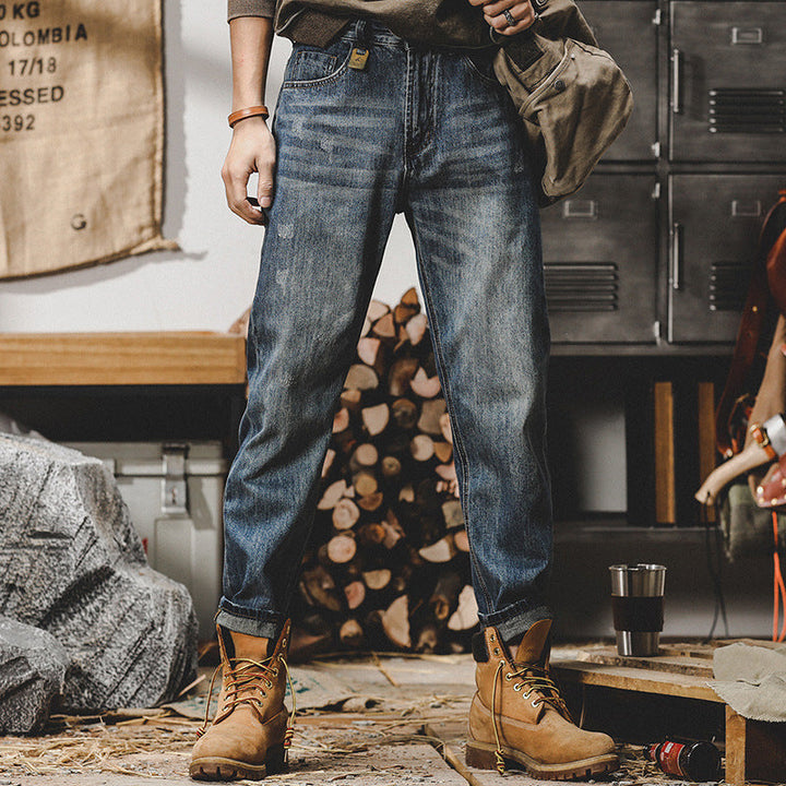 Men’s Jeans - Relaxed Fit - Straight Leg - Distressed Stone Washed Denim - Casual Wear