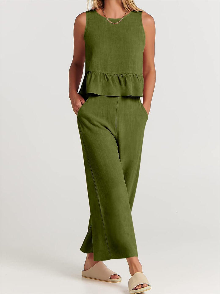 Women’s Two-Piece Set – Sleeveless Peplum Top – Wide-Leg High-Waist Pants – Lightweight Breathable