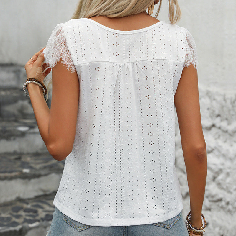 Women’s Sleeveless Top - V-Neck Lace Trim - Eyelet Fabric - Relaxed Fit Casual Wear