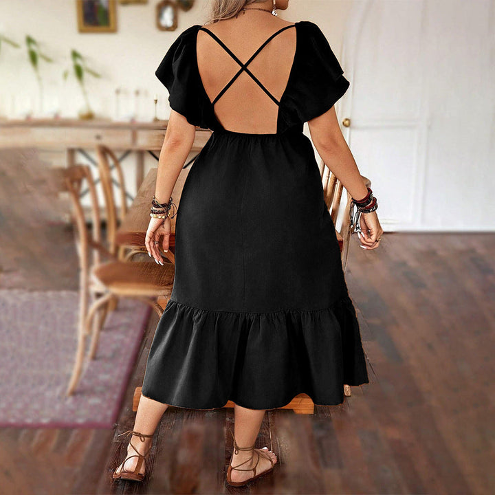 Women’s Midi Dress – V-Neck – A-Line Fit – Short Puff Sleeves – Ruffled Hem