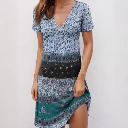 Women’s Mini Dress – Cotton – Relaxed Fit – Deep V-Neck – Boho Patchwork Style