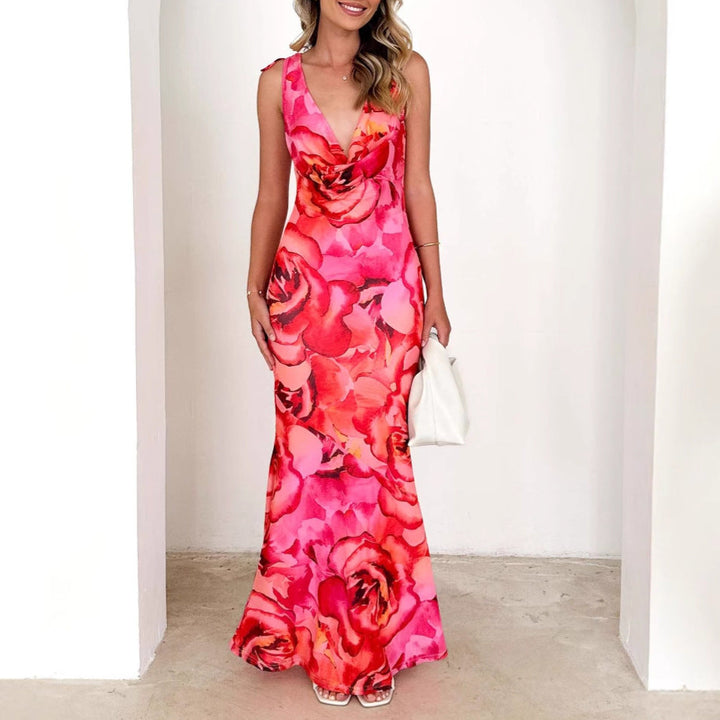 Women’s Maxi Dress – Deep V-Neck – Floral Print – Sleeveless – Flattering Fit