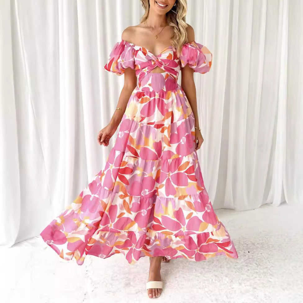 Women’s Maxi Dress – Sweetheart Neckline – Puff Sleeve – Fitted Waist – Flowy Skirt