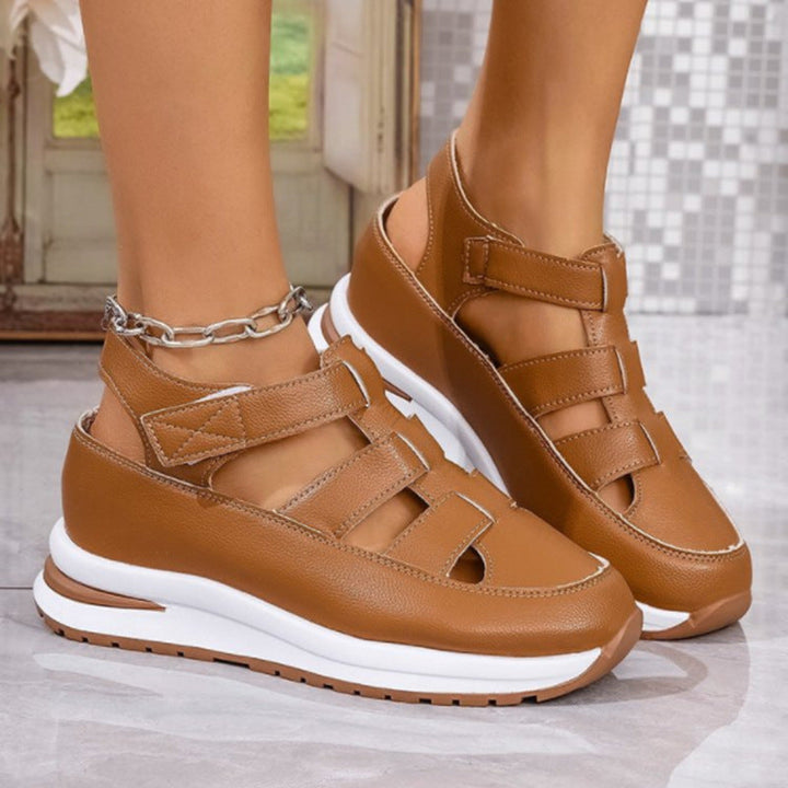 Women’s Wedge Sandals – Closed Toe – Cut-Out Design – Cushioned Platform – Velcro Straps