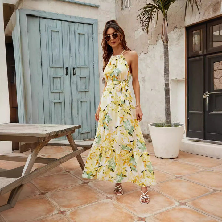 Women’s Maxi Dress – Halter Neck – Tie Waist – Sleeveless Flowy Skirt – Ruffled Hem