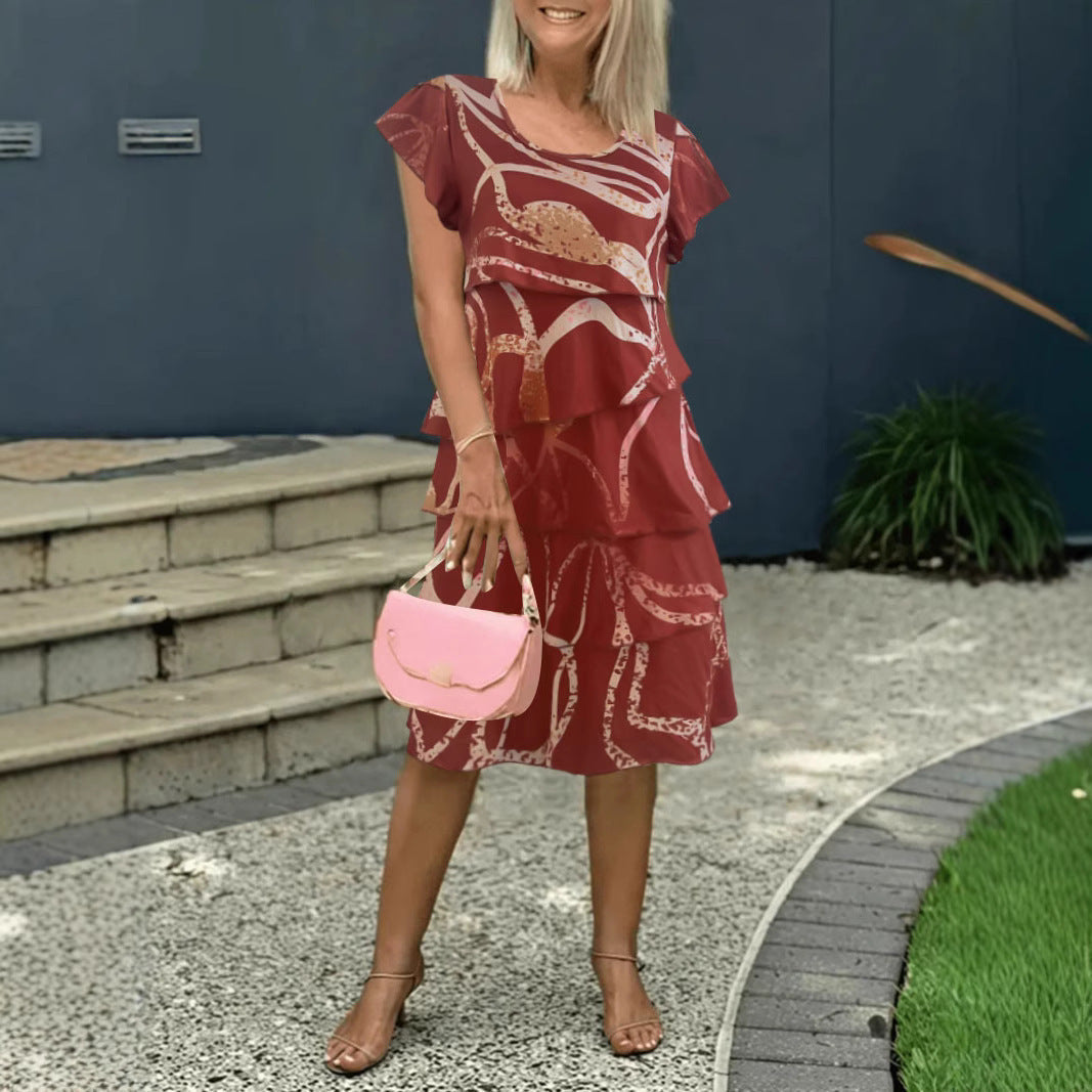 Women’s Midi Dress – Relaxed Fit – Tiered Ruffle Design – Floral Print – Breathable Fabric
