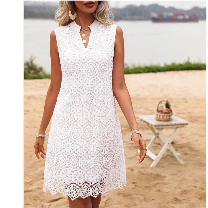 Women’s Mini Dress – Geometric Lace – Straight Fit – Sleeveless V-Neck – Lightweight Fabric
