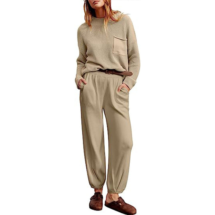 Women’s Two-Piece Loungewear Set – Knitted Long Sleeve Top – Elastic Waist Jogger Pants