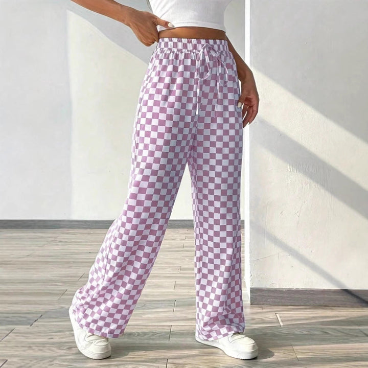Women’s Wide-Leg Pants – Checkered Pattern – Relaxed Fit – Elastic Waist – Lightweight Cotton