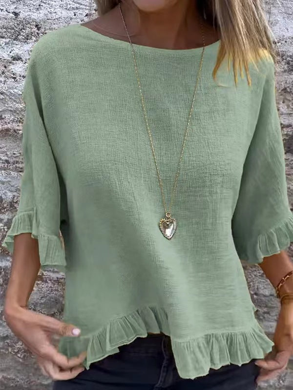 Women’s Blouse – Cotton Linen – Relaxed Fit – Ruffle Hem – Round Neck – Short Sleeve