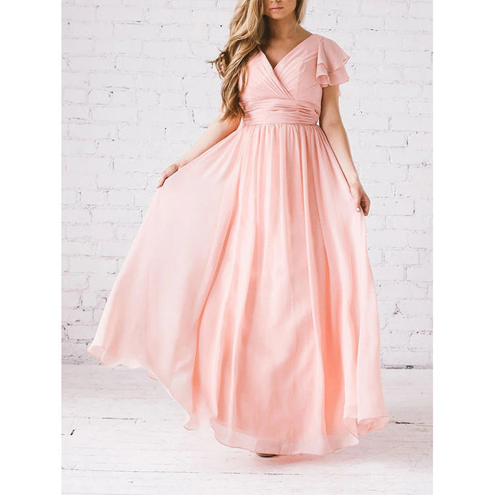 Women’s Maxi Dress – Elegant Fit – Flutter Sleeves – Flowing Skirt – V-Neckline