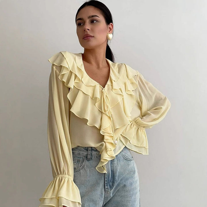 Women’s Blouse – Sheer Lightweight Fabric – Relaxed Fit – Ruffle V-Neck – Long Sleeve