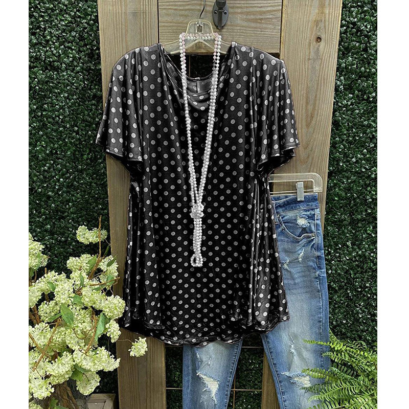 Women’s Tunic Top – Loose Fit – Short Sleeve – Soft Breathable Blend – Polka Dot