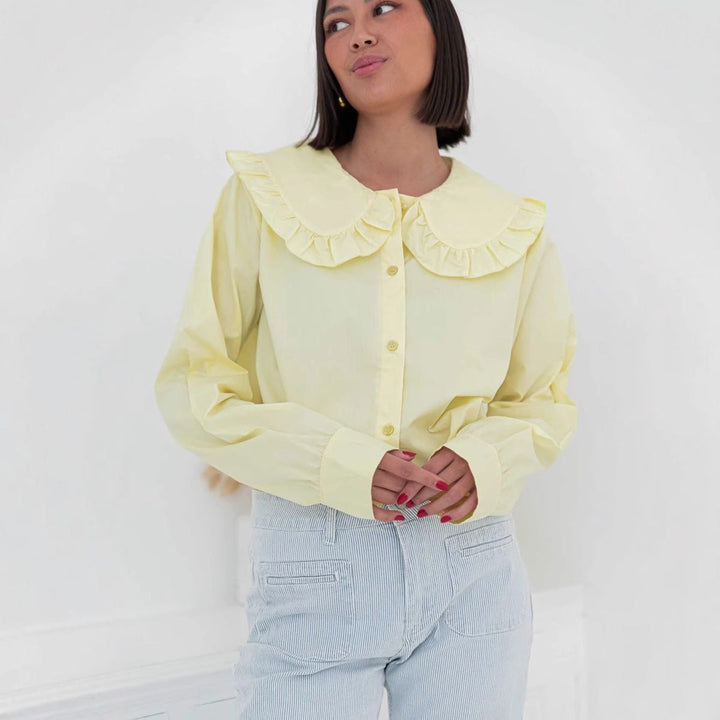 Women’s Blouse - Cotton Blend - Oversized Fit - Ruffled Collar - Long Sleeve Button Down