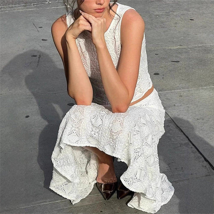 Women’s Two-Piece Set – Sleeveless High Neck Crop Top – A-Line Midi Skirt – Textured Fabric