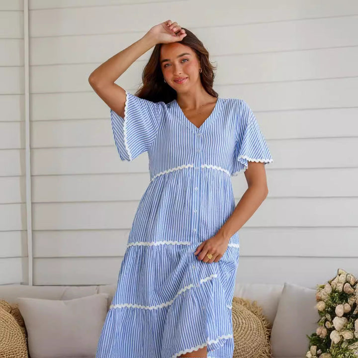 Women’s Tiered Dress – V-Neck – Short Sleeve – Button Front – Scalloped Trim – Flowy Fit