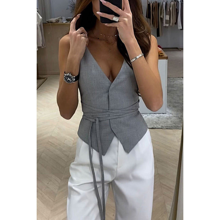 Women’s Vest Top – Tailored Fit – Lace-Up Waist – Linen – V-Neck
