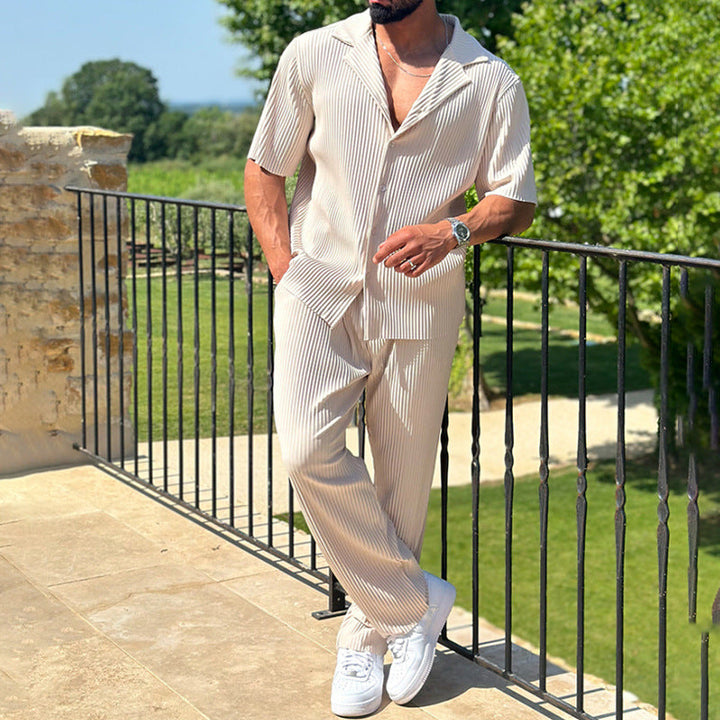 Men’s Athleisure Set – Cotton Blend – Relaxed Fit – Short Sleeve Shirt & Full-Length Pants