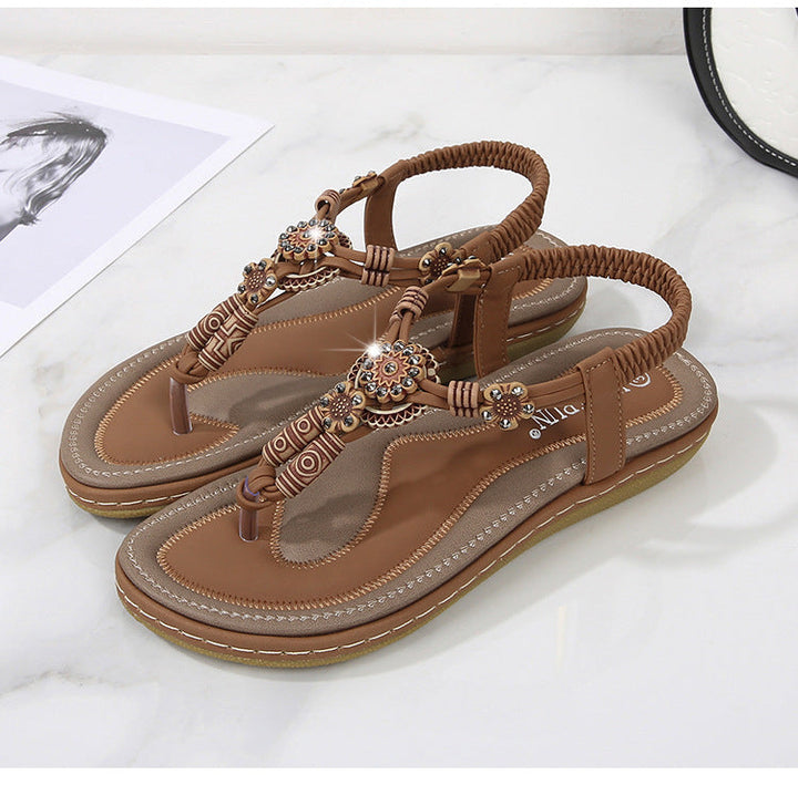Women’s Flat Sandals – Boho Bead Embellished – Woven Thong Strap – Casual Fit