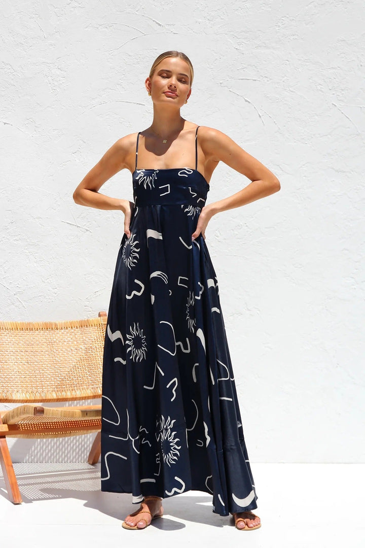 Women’s Maxi Dress – Lightweight Cotton Blend – A-Line Fit – Spaghetti Strap – Geometric Pattern