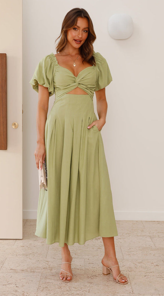 Women’s Midi Dress – Puff Sleeve – Sweetheart Neckline – Knot Front – Flattering Fit