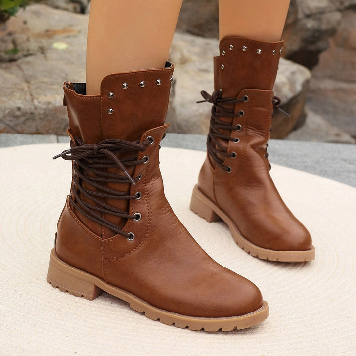 Women’s Mid-Calf Boots – Lace-Up – Chunky Heel – Studded Detail – Treaded Sole